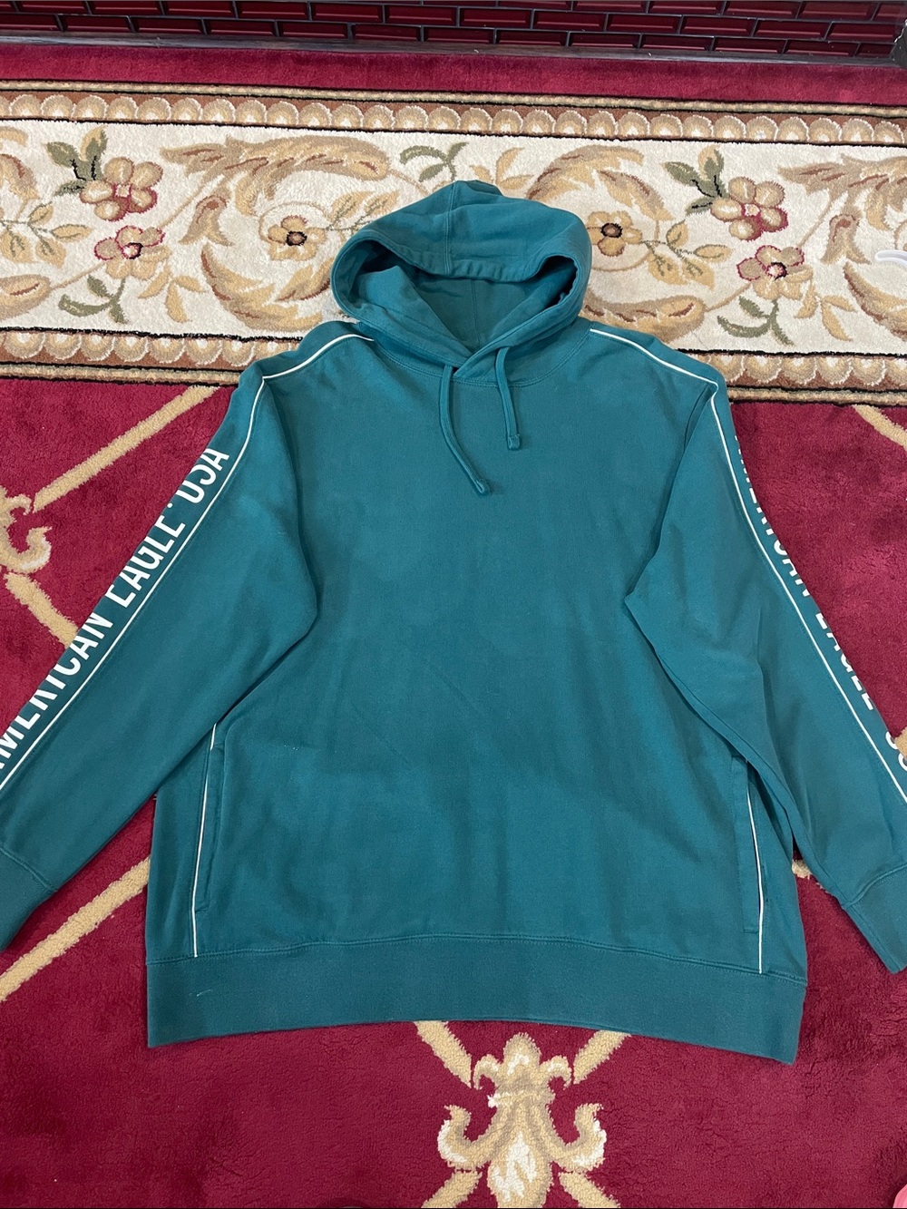 American Eagle Outfitters Teal Hoodie with White Sleeve Text